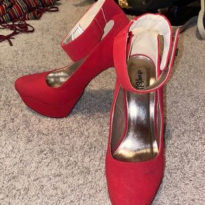 Red velvet ankle strap platform heels